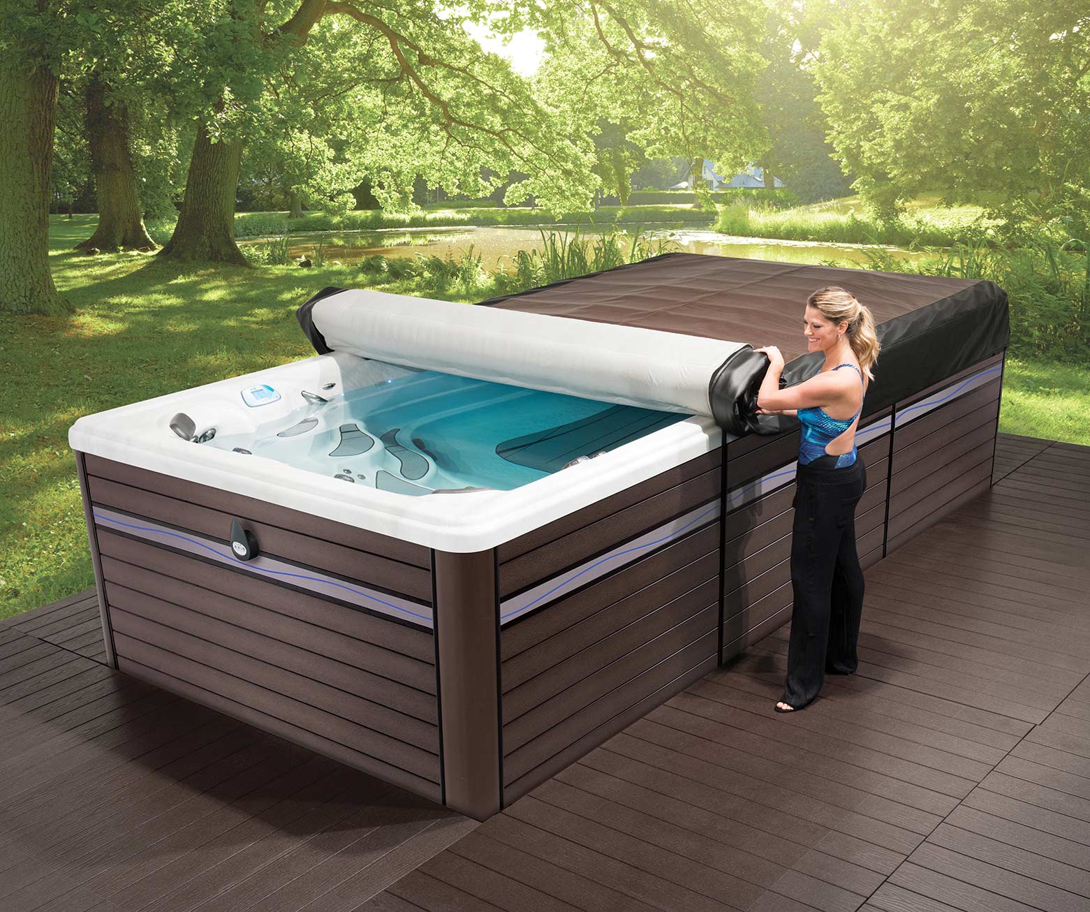 Unrolling the axis cover system on a master spas swim spa